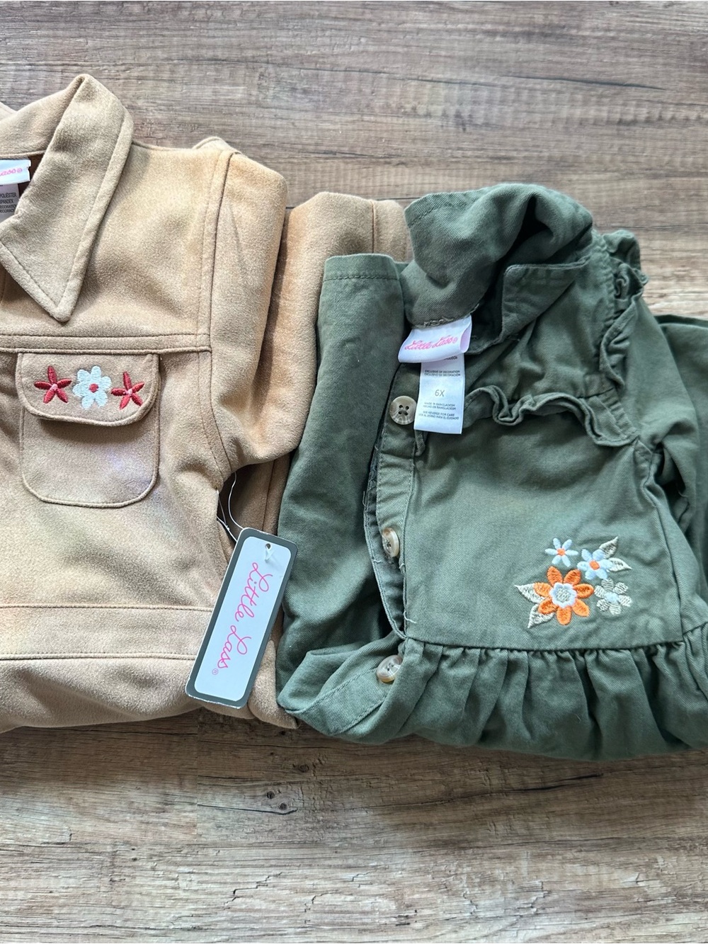 Little Lass Girls' Fall Olive Floral Ruffle Dress & Tan Dress Lot of 2 Size 6x